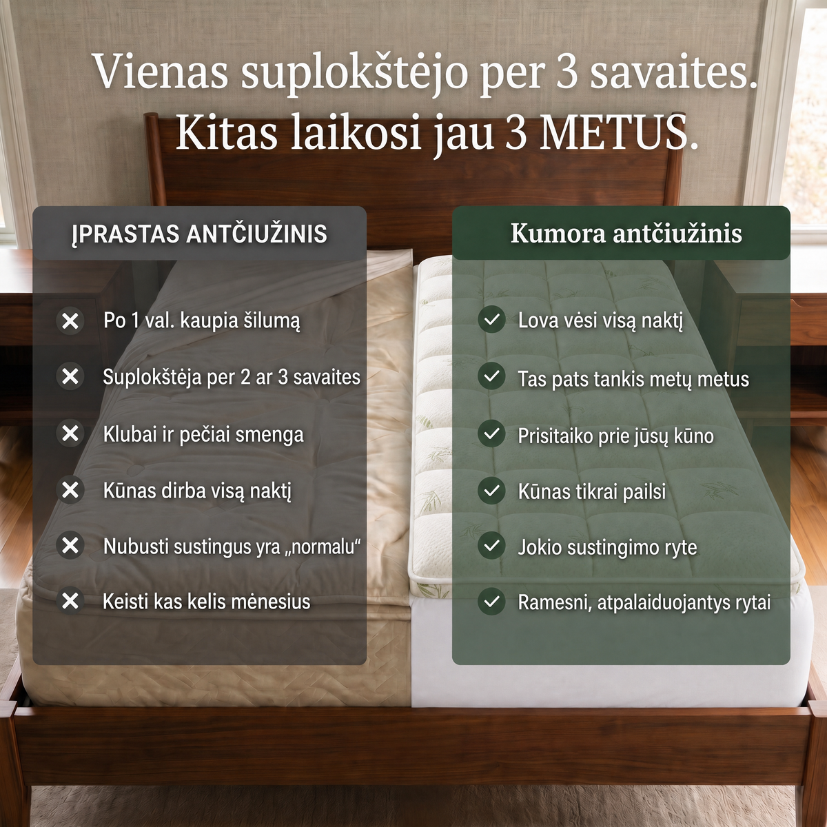 Įprasto antčiužinio ir Kumora palyginimas